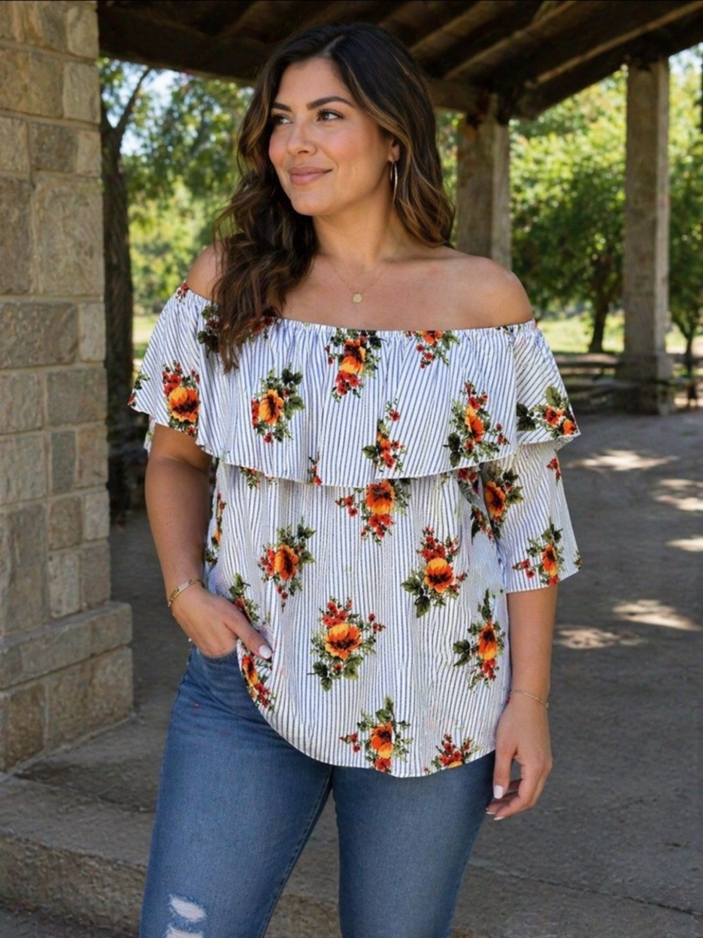 Omega ruffle neck off the shoulder 3/4 sleeve top